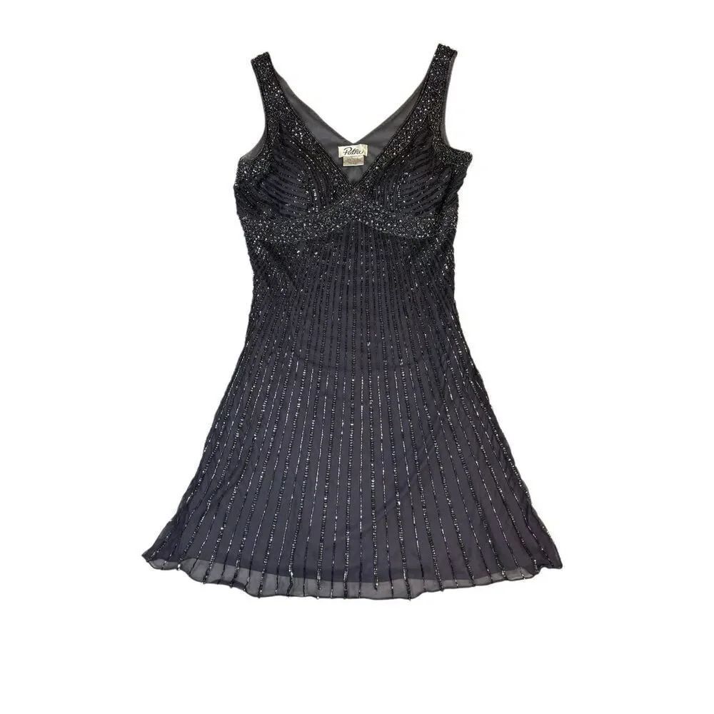 Vintage Patra Beaded Silk Cocktail Dress Women Size 4